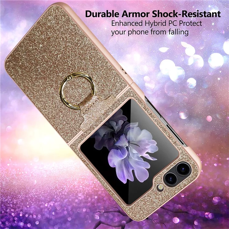 Pour Samsung Galaxy Z Flip5 5G Housse Glitter Finger Ring Phone Cover avec Film de Protection d'Écran Arrière en Verre Trempé - Noir