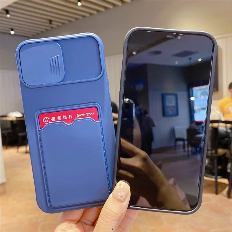 Per iPhone 15 Pro Max TPU Case Porta Carte Scorrevole Protezione Obiettivo Custodia per Telefono - Blu