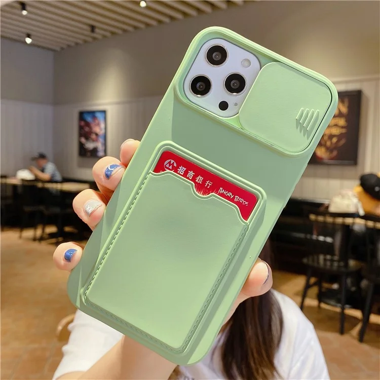 Per iPhone 15 Pro Case Card Holder TPU Phone Cover con coperchio scorrevole per l'obiettivo - Verde