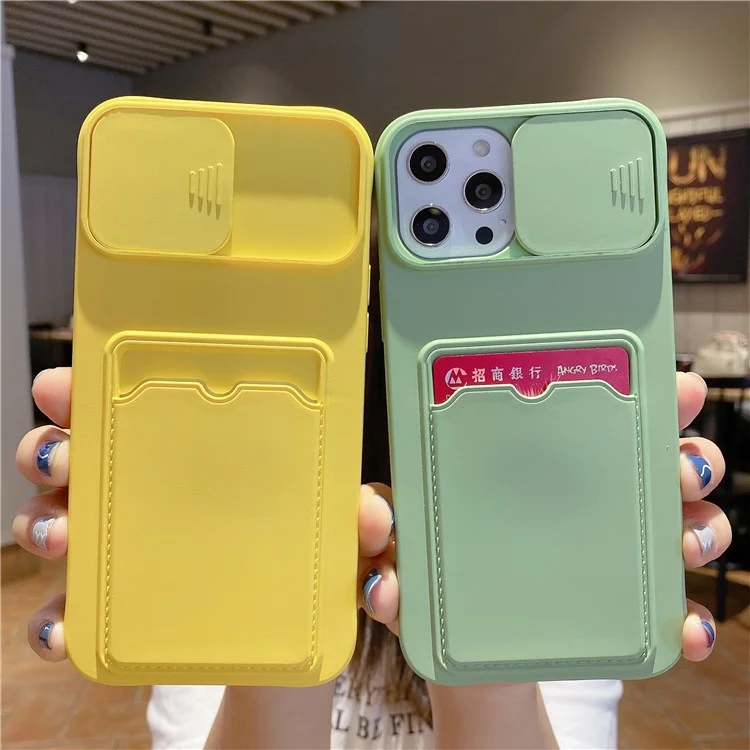 Per iPhone 15 Pro Case Card Holder TPU Phone Cover con coperchio scorrevole per l'obiettivo - Verde