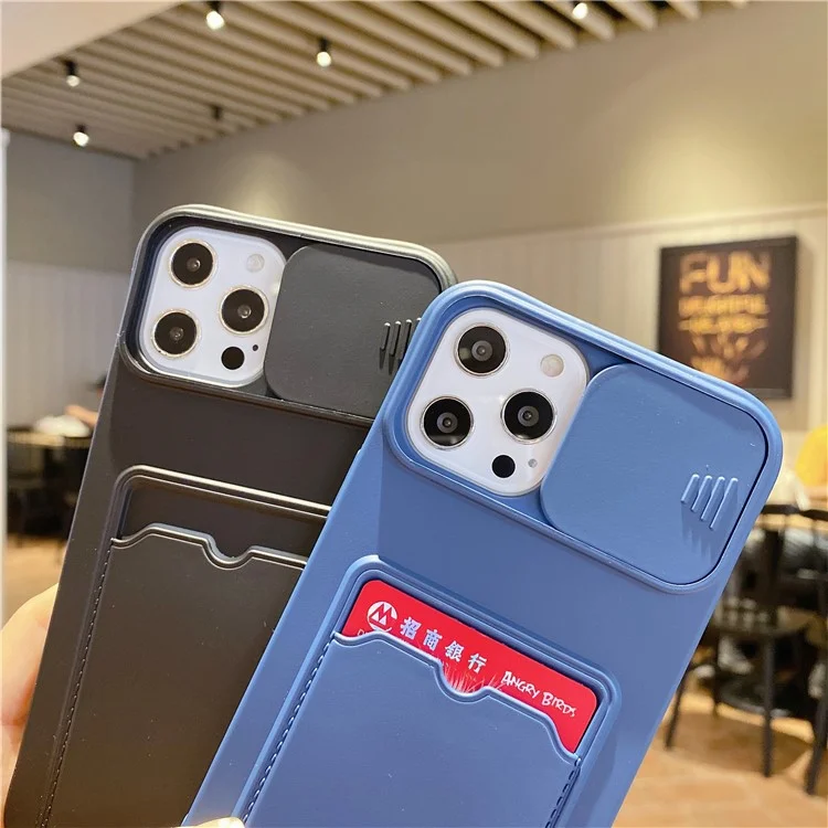 Per iPhone 15 Pro Case Card Holder TPU Phone Cover con coperchio scorrevole per l'obiettivo - Verde