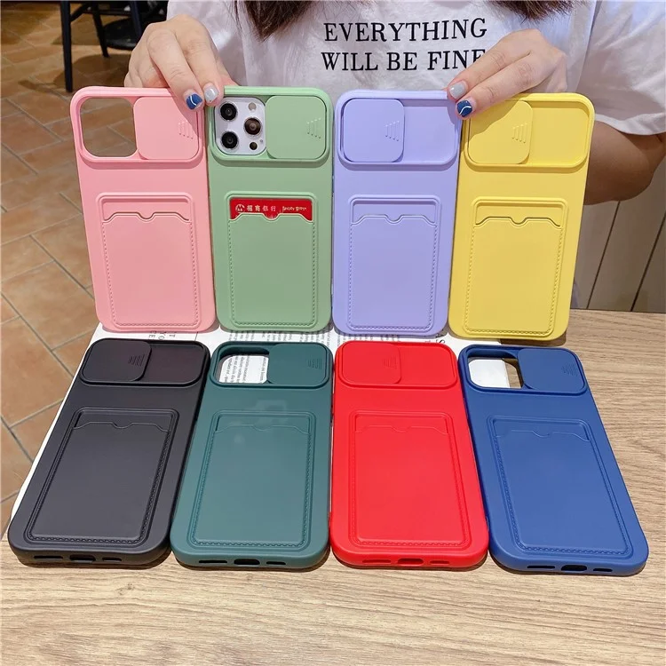 Per iPhone 15 Pro Case Card Holder TPU Phone Cover con coperchio scorrevole per l'obiettivo - Verde