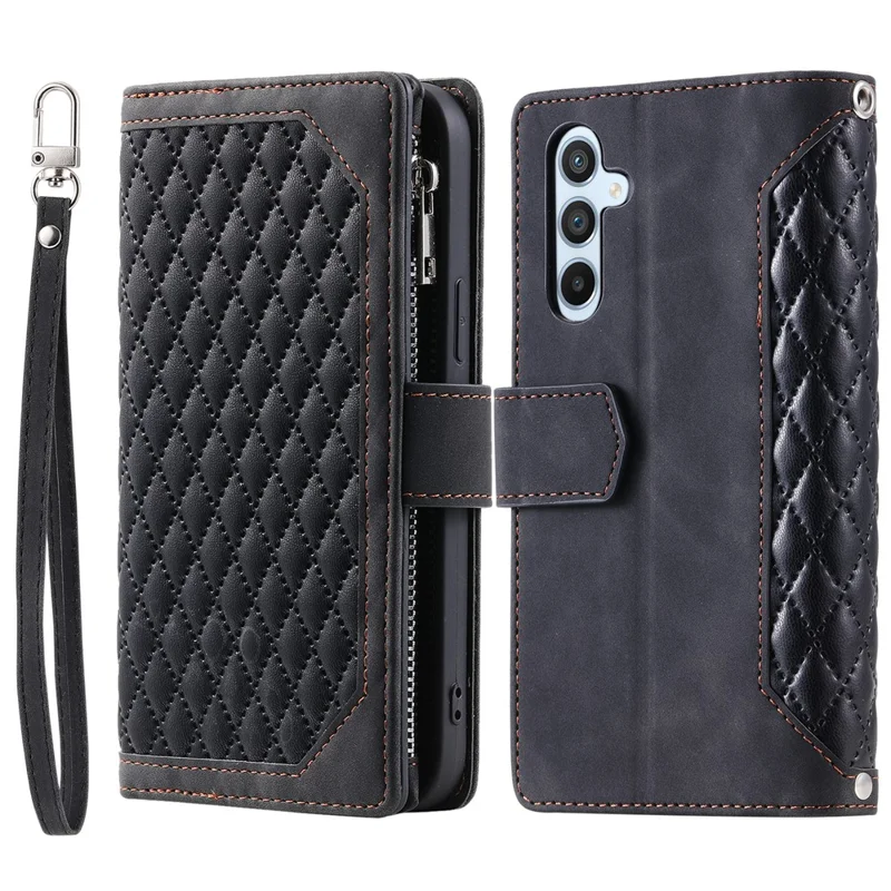 Para Samsung Galaxy A05s 4G Case PU Leather Phone Shell Rhombus Texture Zipper Wallet com Alça - Preto