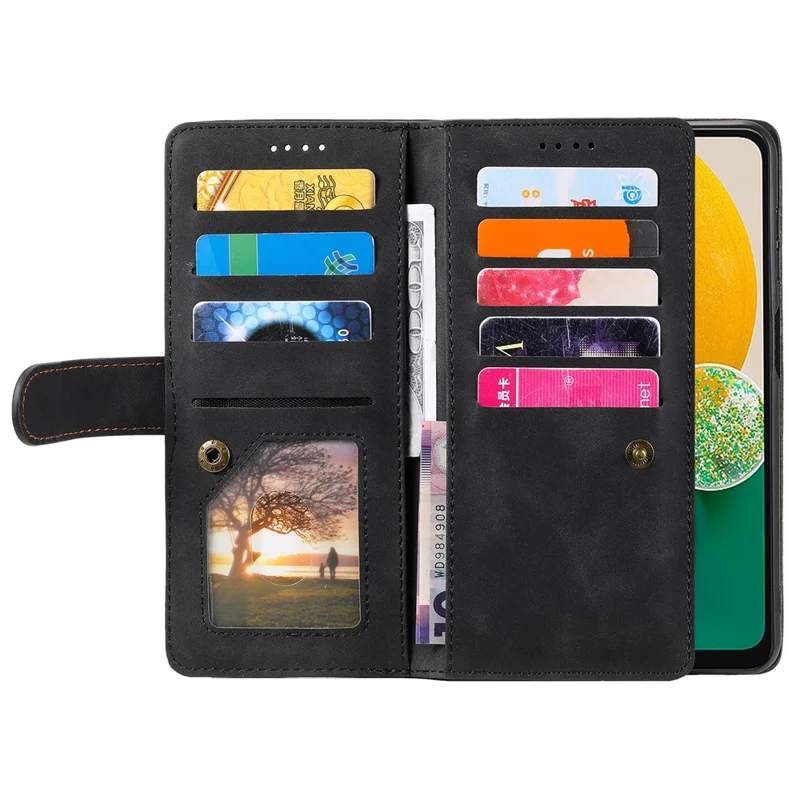 For Samsung Galaxy A05s 4G Cell Phone Case 9 Card Slots Phone Cover Zipper Leather Wallet - Black