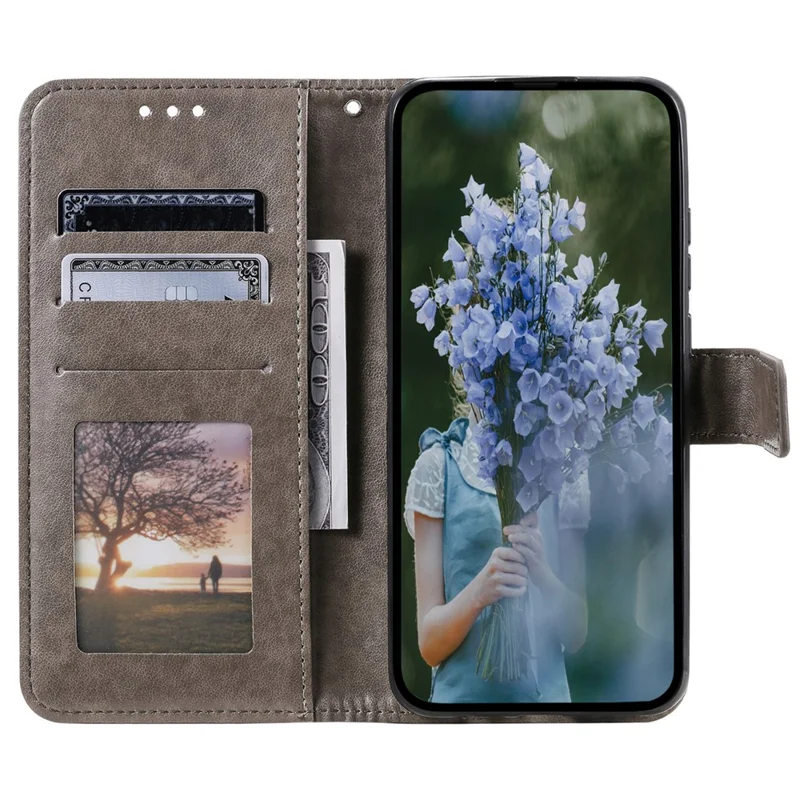 For Oppo A38 4G Case Imprinted PU Leather Wallet Phone Stand Cover with Strap - Grey