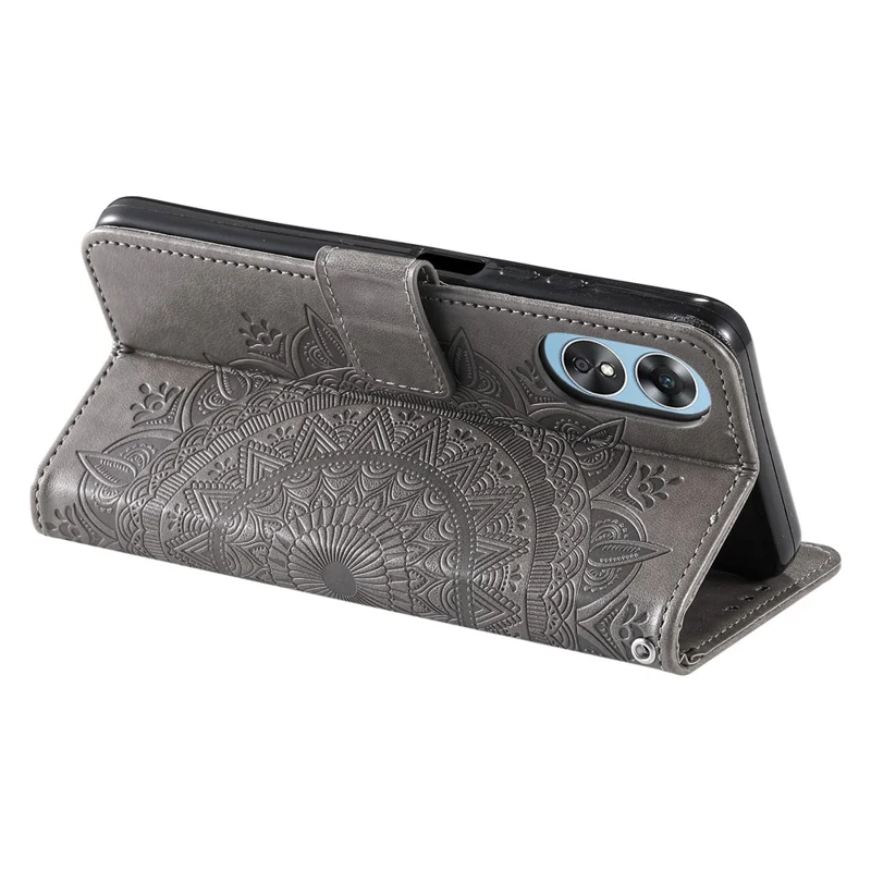 For Oppo A38 4G Case Imprinted PU Leather Wallet Phone Stand Cover with Strap - Grey