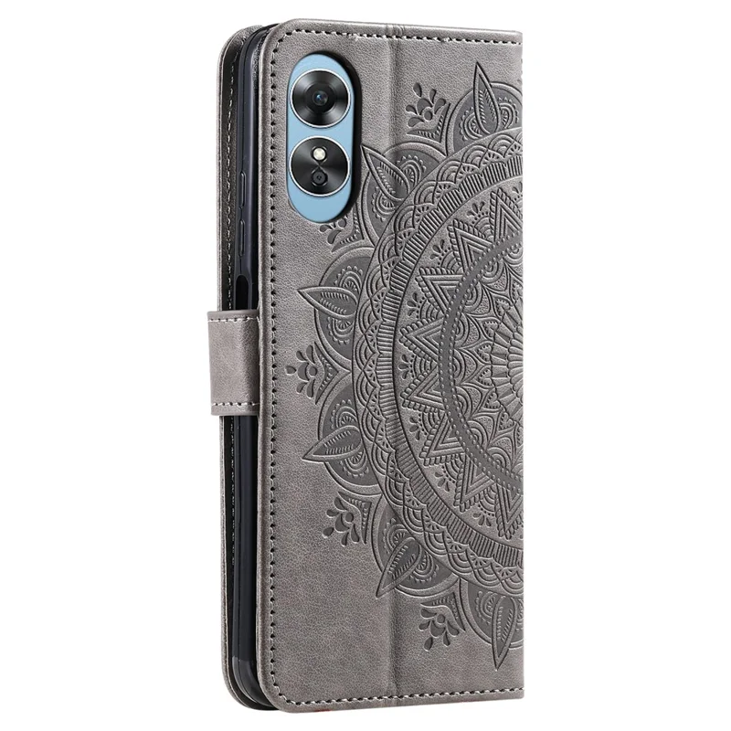 For Oppo A38 4G Case Imprinted PU Leather Wallet Phone Stand Cover with Strap - Grey