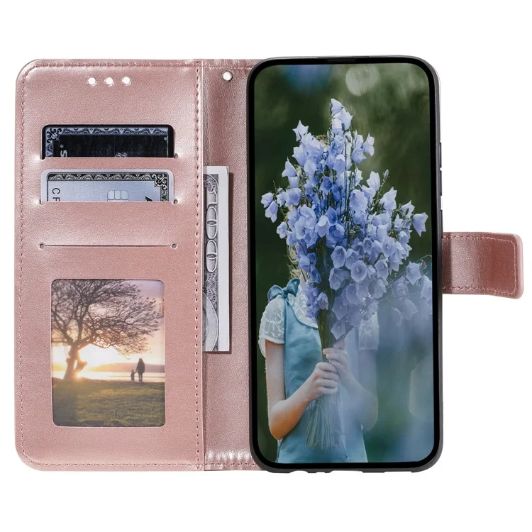 For Samsung Galaxy A15 4G Phone Case Stand Cover Wallet PU Leather Phone Shell with Strap - Rose Gold