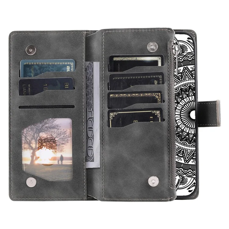 Per Samsung Galaxy A15 4G Case Imprinted Flower Wallet PU Leather Stand Shell Phone Cover with Strap - Grey