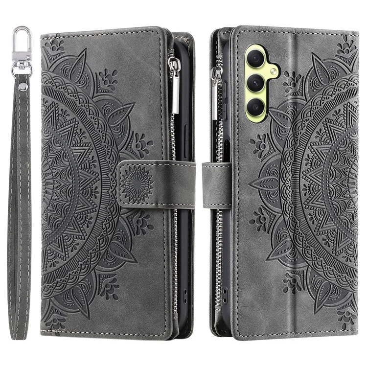 For Samsung Galaxy A15 4G Case Imprinted Flower Wallet PU Leather Stand Shell Phone Cover with Strap - Grey