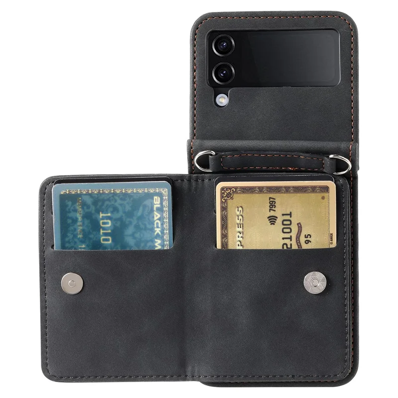 For Samsung Galaxy Z Flip4 5G Case Card Holder PU Leather Kickstand Phone Cover with Hand Strap - Black