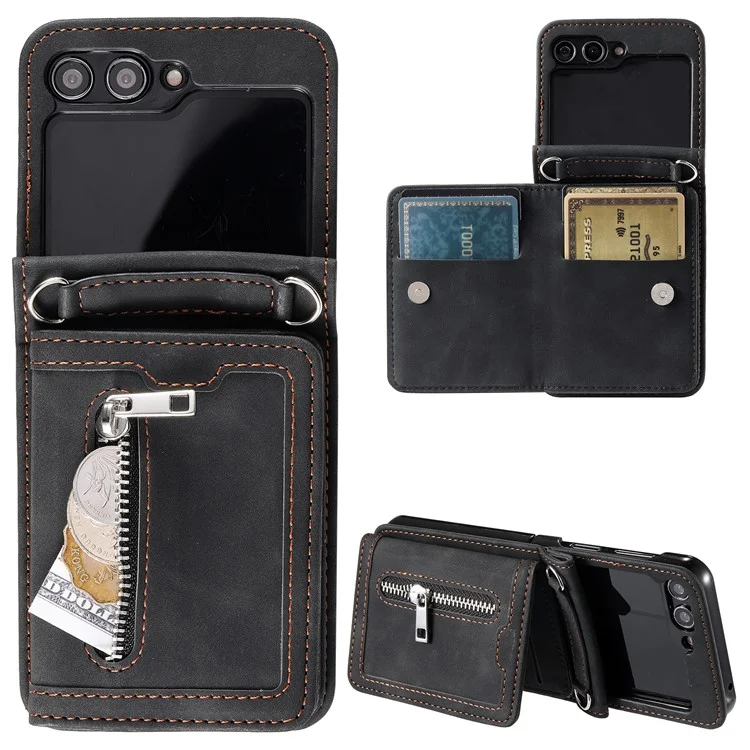 Para Samsung Galaxy Z Flip5 5G Funda con Soporte para Tarjetas, Funda de Piel con Correa de Mano - Negro
