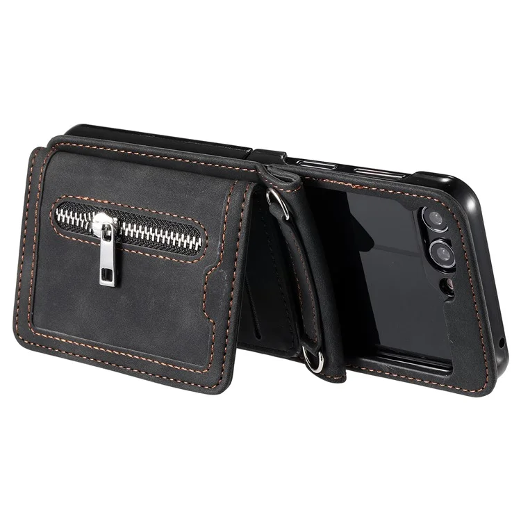 Para Samsung Galaxy Z Flip5 5G Funda con Soporte para Tarjetas, Funda de Piel con Correa de Mano - Negro