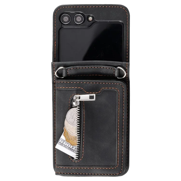 Para Samsung Galaxy Z Flip5 5G Funda con Soporte para Tarjetas, Funda de Piel con Correa de Mano - Negro