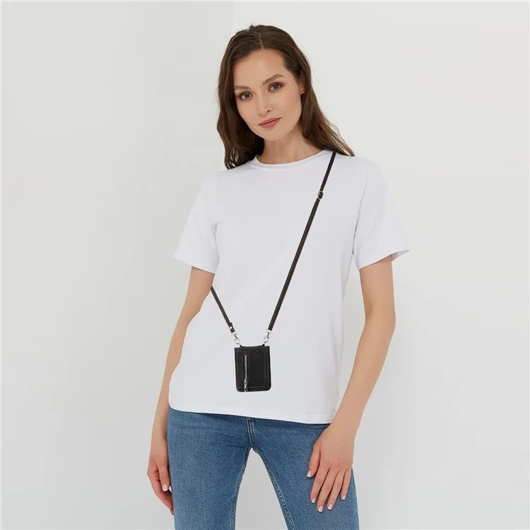 Para Samsung Galaxy Z Flip5 5G Case Zipper Pocket Leather Cover com Hand Strap e Shoulder Strap - Preto