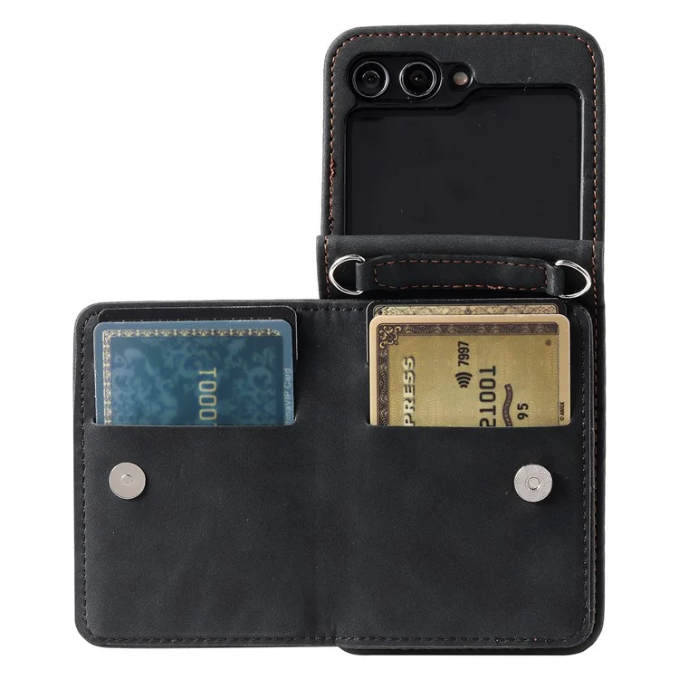 Para Samsung Galaxy Z Flip5 5G Case Zipper Pocket Leather Cover com Hand Strap e Shoulder Strap - Preto