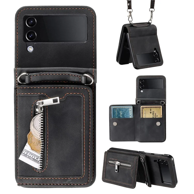 Pour Samsung Galaxy Z Flip4 5G Kickstand Case Zipper Pocket Leather Cover with Hand Strap and Shoulder Strap - Black