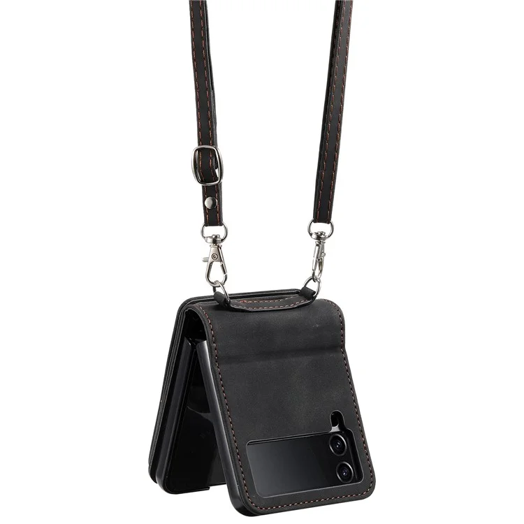 Pour Samsung Galaxy Z Flip4 5G Kickstand Case Zipper Pocket Leather Cover with Hand Strap and Shoulder Strap - Black