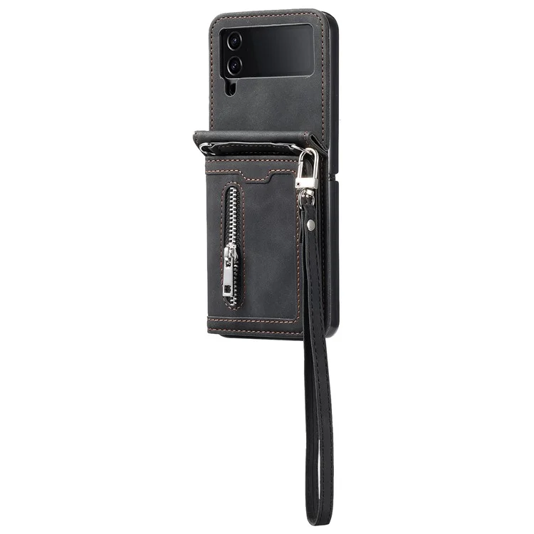 Pour Samsung Galaxy Z Flip4 5G Kickstand Case Zipper Pocket Leather Cover with Hand Strap and Shoulder Strap - Black