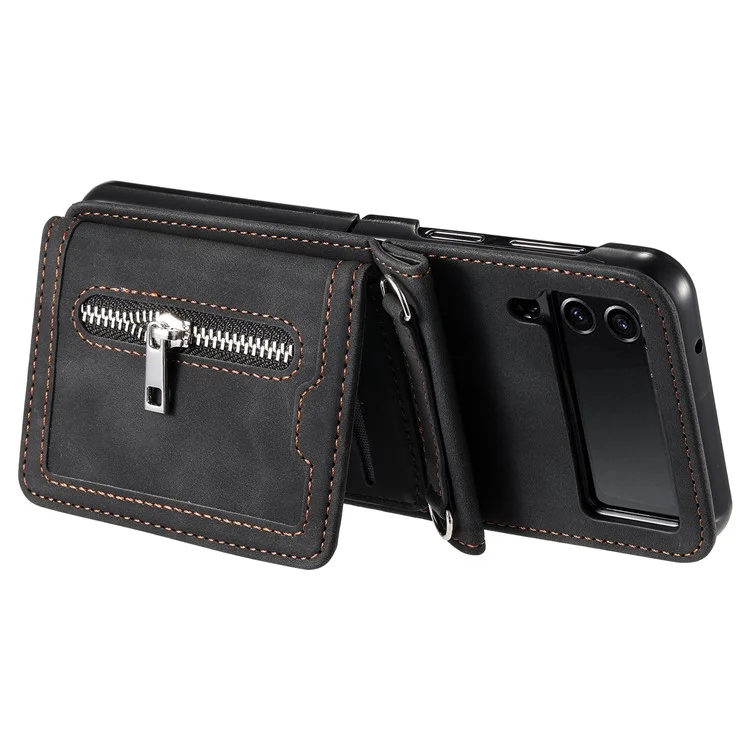 Pour Samsung Galaxy Z Flip4 5G Kickstand Case Zipper Pocket Leather Cover with Hand Strap and Shoulder Strap - Black