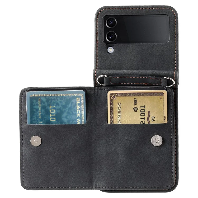 Pour Samsung Galaxy Z Flip4 5G Kickstand Case Zipper Pocket Leather Cover with Hand Strap and Shoulder Strap - Black