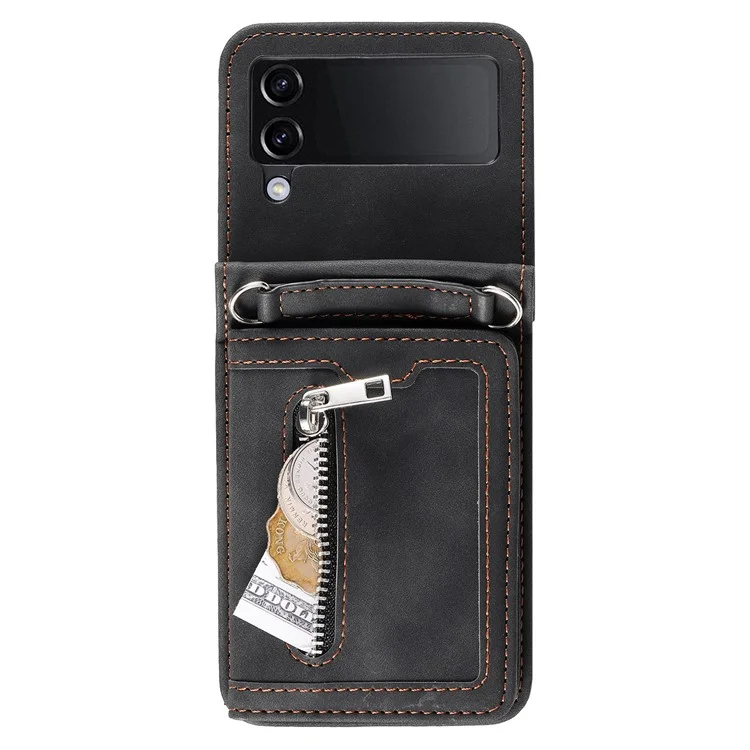 Pour Samsung Galaxy Z Flip4 5G Kickstand Case Zipper Pocket Leather Cover with Hand Strap and Shoulder Strap - Black