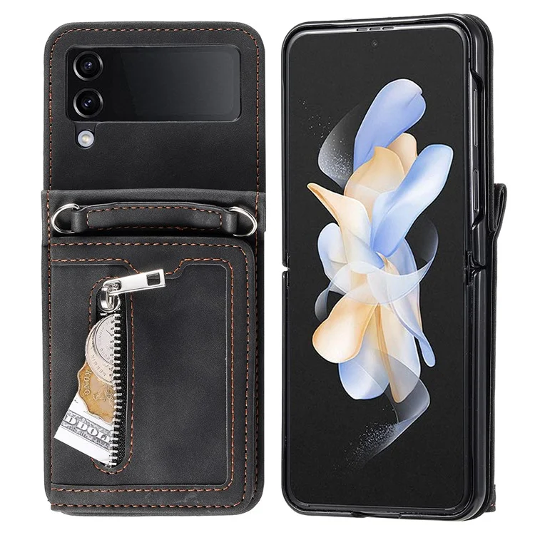 Pour Samsung Galaxy Z Flip4 5G Kickstand Case Zipper Pocket Leather Cover with Hand Strap and Shoulder Strap - Black