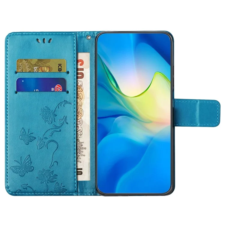Für Motorola Moto G54 5G Case Butterfly Flower Imprinted PU Leder Brieftasche Handyhülle - Blau