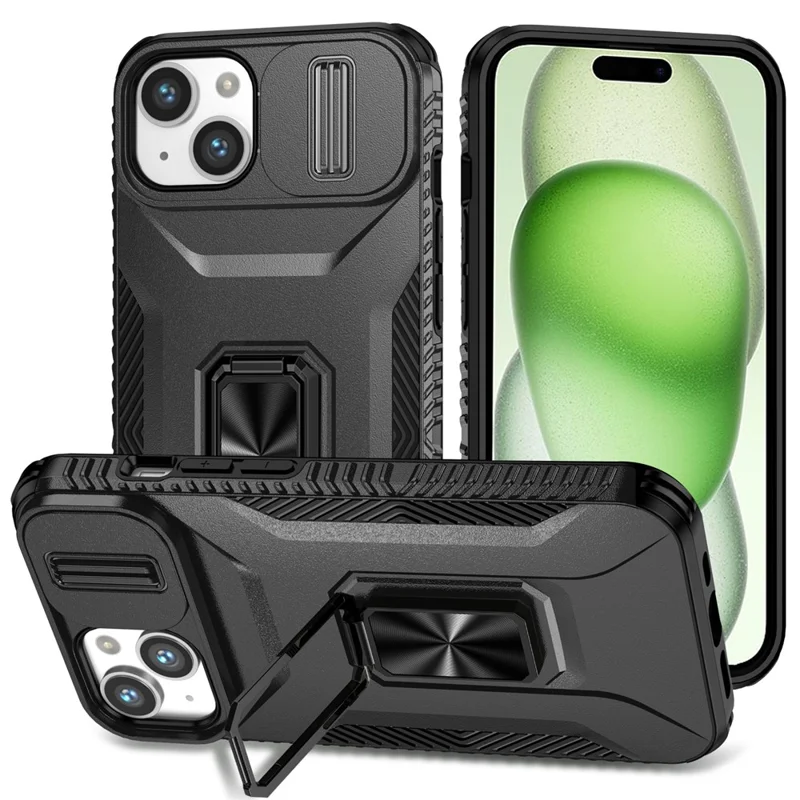 For iPhone 15 Plus Case Slide Lens Lid PC+TPU Phone Cover with Kickstand - Black