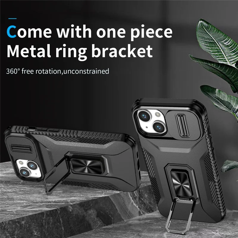 For iPhone 15 Plus Case Slide Lens Lid PC+TPU Phone Cover with Kickstand - Black