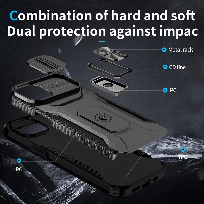 For iPhone 15 Plus Case Slide Lens Lid PC+TPU Phone Cover with Kickstand - Black
