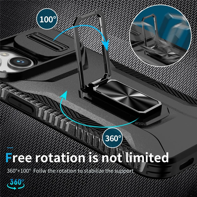 For iPhone 15 Plus Case Slide Lens Lid PC+TPU Phone Cover with Kickstand - Black