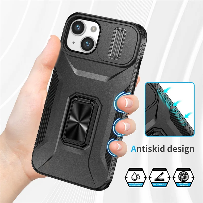 For iPhone 15 Plus Case Slide Lens Lid PC+TPU Phone Cover with Kickstand - Black