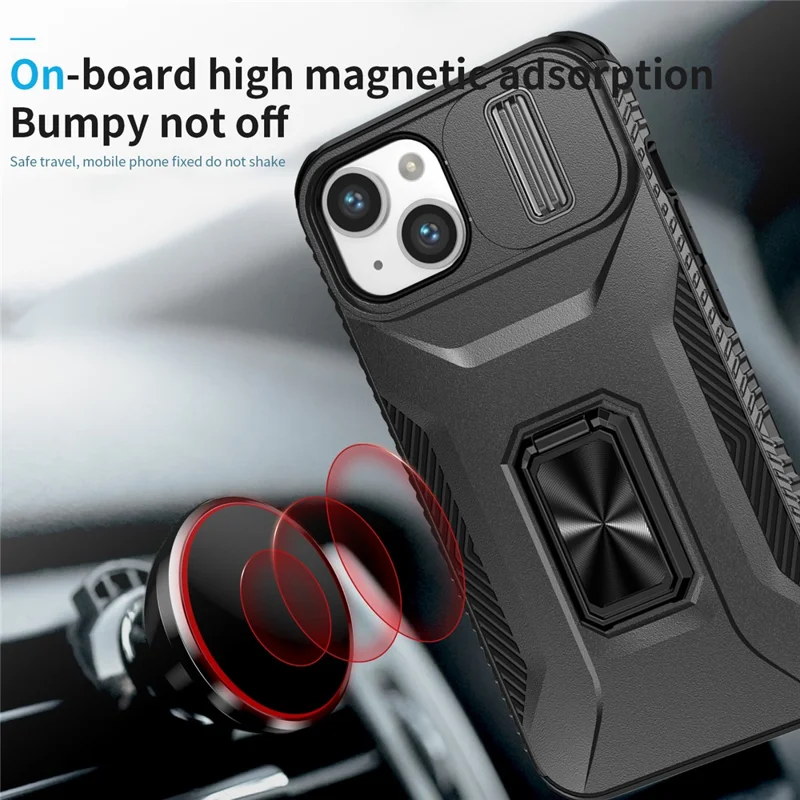 For iPhone 15 Plus Case Slide Lens Lid PC+TPU Phone Cover with Kickstand - Black