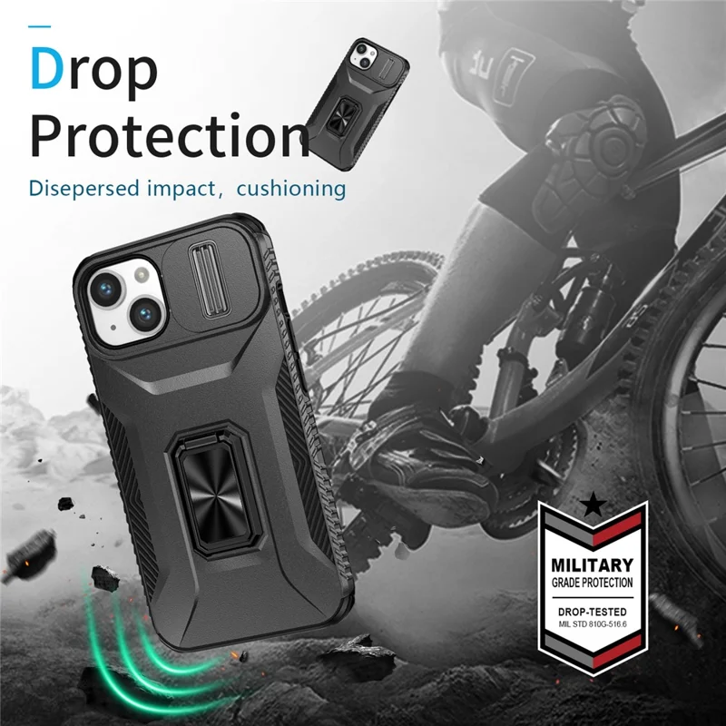 For iPhone 15 Plus Case Slide Lens Lid PC+TPU Phone Cover with Kickstand - Black