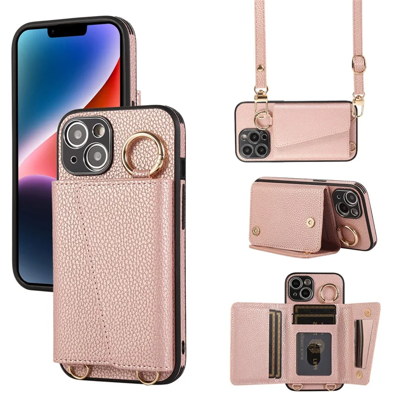 Card Holder Cell Phone Cover For iPhone 14 Case Genuine Leather Phone Case with Shoulder Strap - Pink