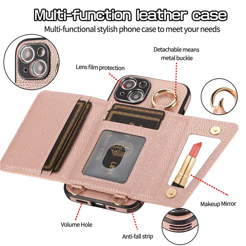 Card Holder Cell Phone Cover For iPhone 14 Case Genuine Leather Phone Case with Shoulder Strap - Pink