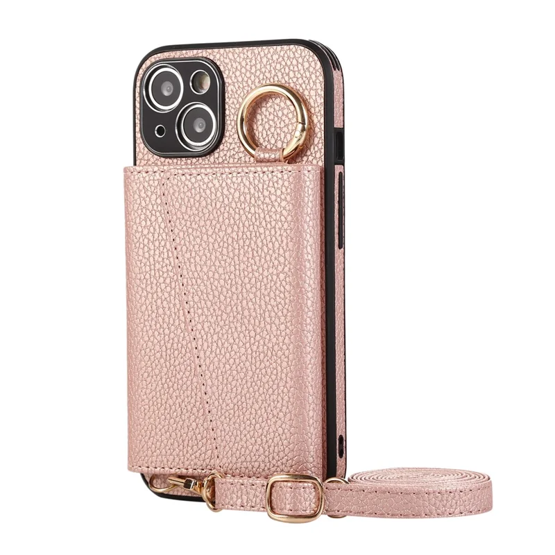 Card Holder Cell Phone Cover For iPhone 14 Case Genuine Leather Phone Case with Shoulder Strap - Pink