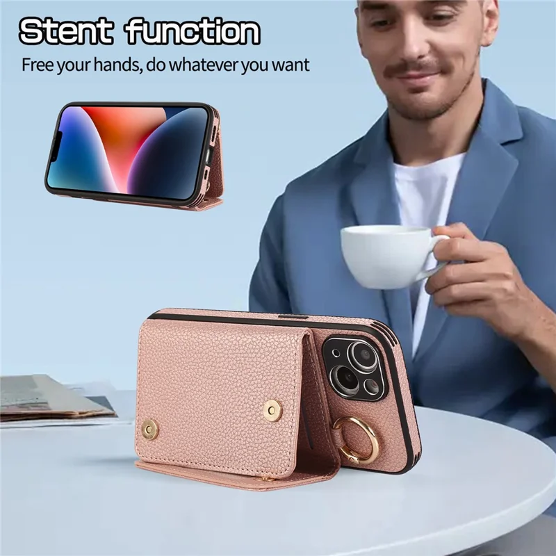 Card Holder Cell Phone Cover For iPhone 14 Case Genuine Leather Phone Case with Shoulder Strap - Pink
