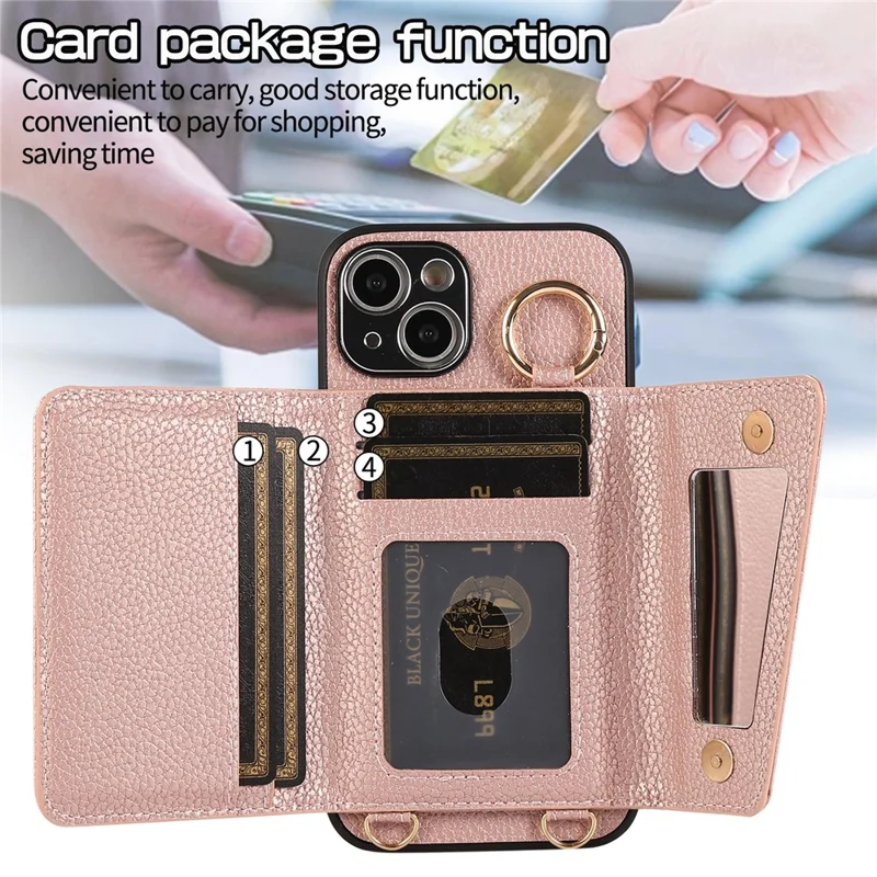 Card Holder Cell Phone Cover For iPhone 14 Case Genuine Leather Phone Case with Shoulder Strap - Pink