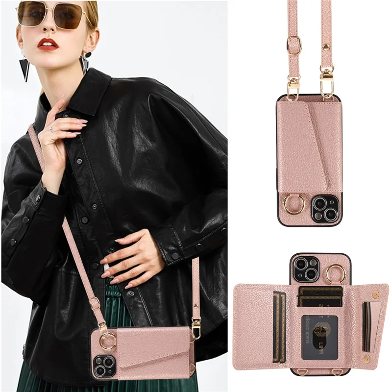 Card Holder Cell Phone Cover For iPhone 14 Case Genuine Leather Phone Case with Shoulder Strap - Pink