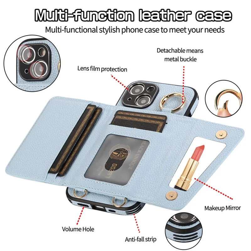 Card Holder Cell Phone Cover For iPhone 14 Case Genuine Leather Phone Case with Shoulder Strap - Blue