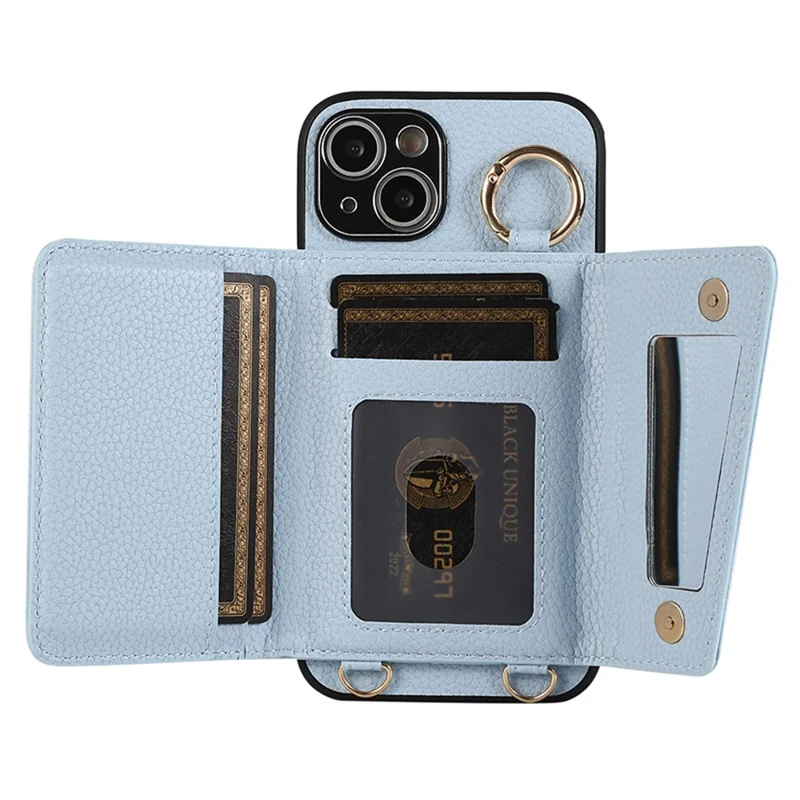 Card Holder Cell Phone Cover For iPhone 14 Case Genuine Leather Phone Case with Shoulder Strap - Blue