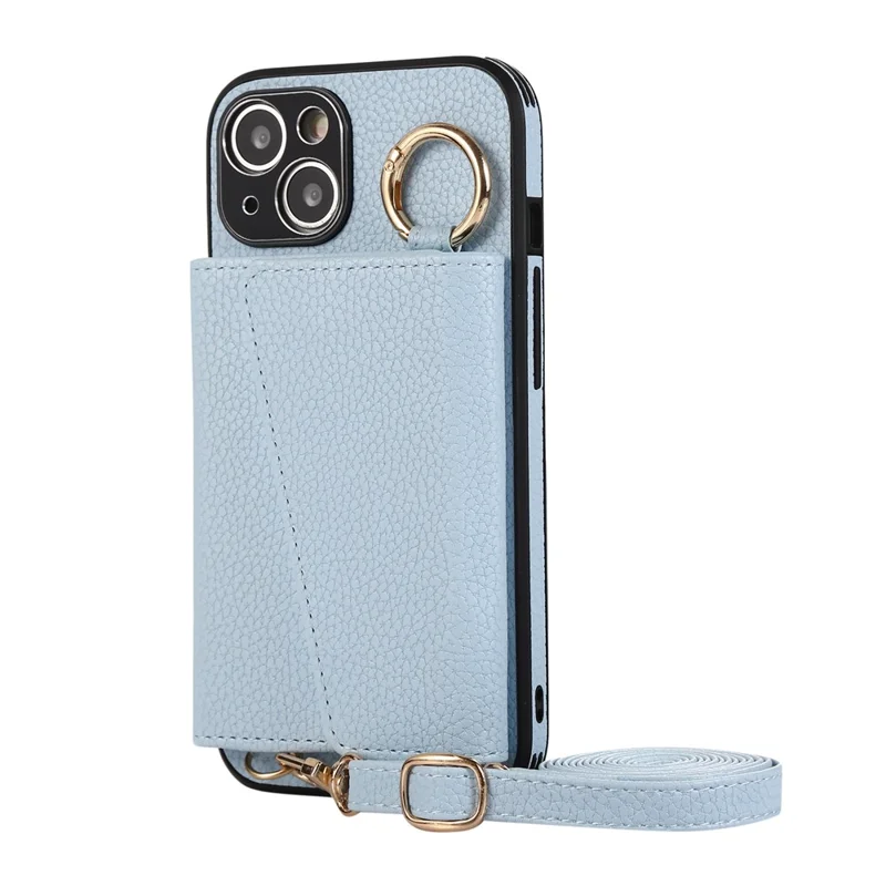 Card Holder Cell Phone Cover For iPhone 14 Case Genuine Leather Phone Case with Shoulder Strap - Blue