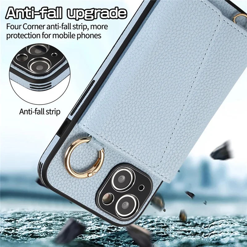 Card Holder Cell Phone Cover For iPhone 14 Case Genuine Leather Phone Case with Shoulder Strap - Blue