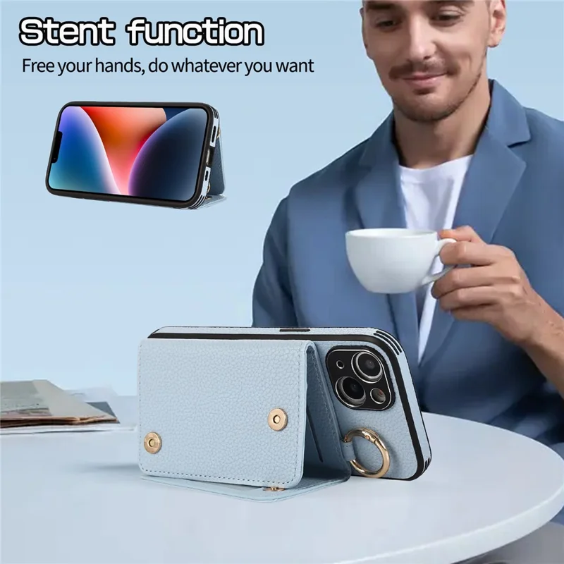 Card Holder Cell Phone Cover For iPhone 14 Case Genuine Leather Phone Case with Shoulder Strap - Blue