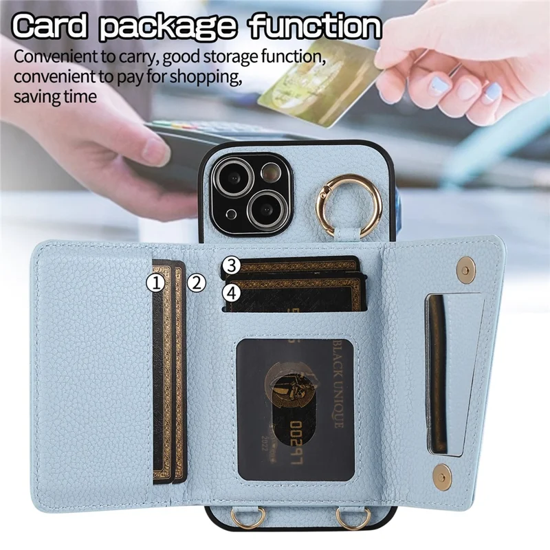 Card Holder Cell Phone Cover For iPhone 14 Case Genuine Leather Phone Case with Shoulder Strap - Blue