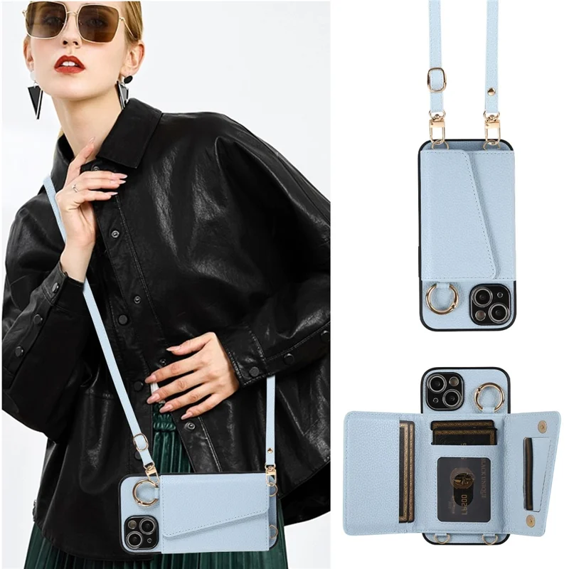Card Holder Cell Phone Cover For iPhone 14 Case Genuine Leather Phone Case with Shoulder Strap - Blue