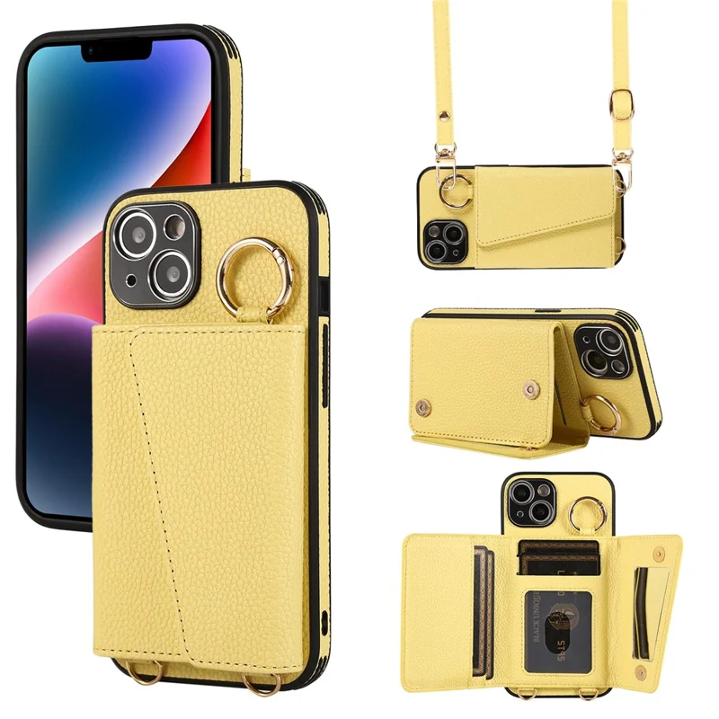 Card Holder Cell Phone Cover For iPhone 14 Case Genuine Leather Phone Case with Shoulder Strap - Yellow