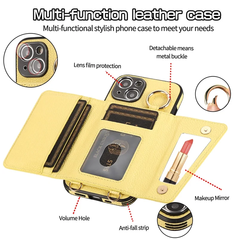Card Holder Cell Phone Cover For iPhone 14 Case Genuine Leather Phone Case with Shoulder Strap - Yellow